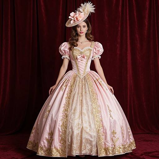 Photograph of a woman in a pink and gold ball gown with puffed sleeves, ornate embroidery, and a feathered hat, standing against a