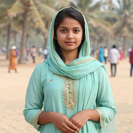 Photograph of a young Indian woman with medium brown skin, dark hair, and brown eyes, wearing a light turquoise salwar kameez with gold