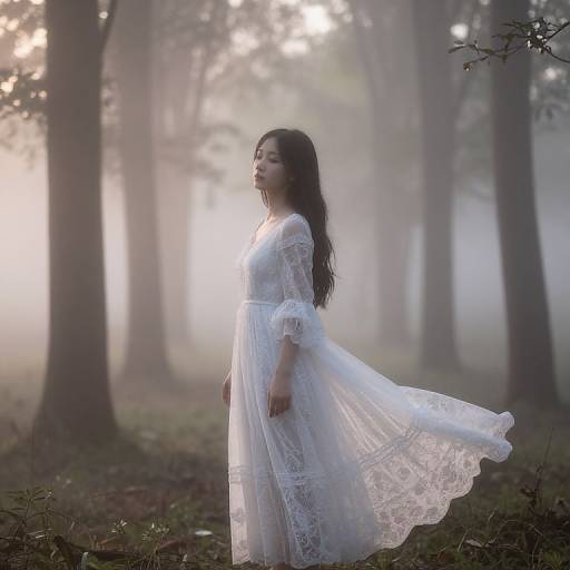 Photograph of an Asian woman with long black hair, wearing a white lace dress, standing in a misty forest, sunlight filtering through trees.