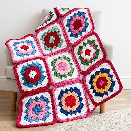 Photograph of nine colorful crochet square pillows with intricate flower patterns, stacked against a white armchair on wooden flooring.