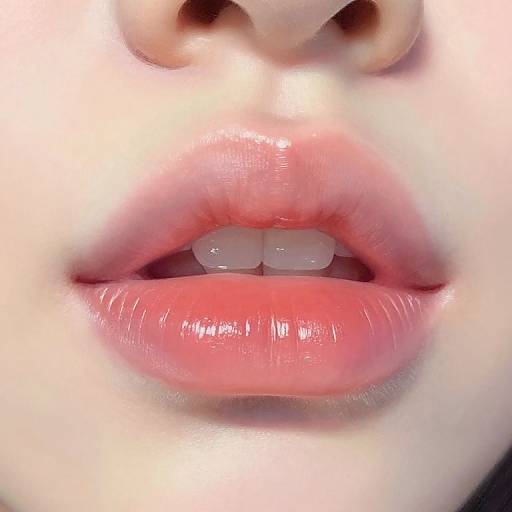 Close-up photograph of full, glossy pink lips with slightly parted teeth, showcasing smooth, shiny texture and soft natural light.