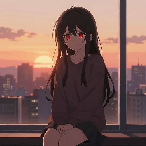 Anime-style digital drawing of a sad girl with long black hair, red eyes, and a dark oversized sweater, sitting by a sunset-lit city window