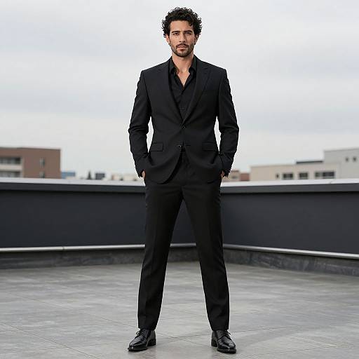 Confident Man in Black Suit on Rooftop