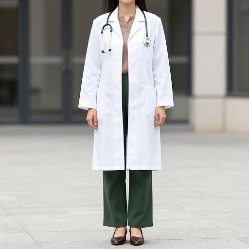 Photograph of an Asian woman in a white lab coat, stethoscope, dark green pants, and brown shoes, standing on a gray outdoor pavement