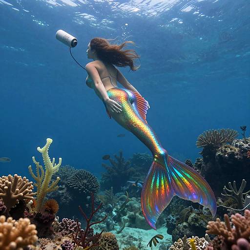 Photograph of a mermaid with a shimmering rainbow tail, underwater, holding a black-and-white camera, surrounded by colorful coral reefs.