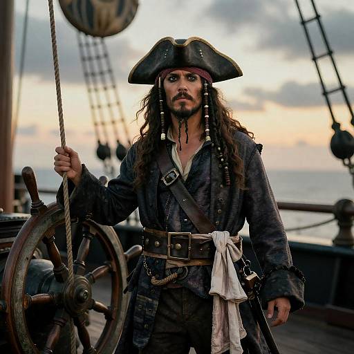 Dramatic Pirate on Ship Deck at Sunset