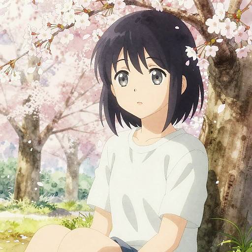 Anime-style digital illustration of a young girl with short black hair and gray eyes, sitting under a cherry blossom tree, wearing a white shirt, surrounded by