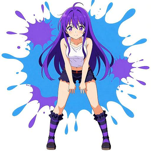 Playful Purple-Haired Anime Girl Pose