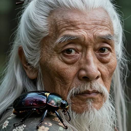 Close-up photograph of an elderly Asian man with white hair and beard, holding a shiny black beetle on his shoulder.