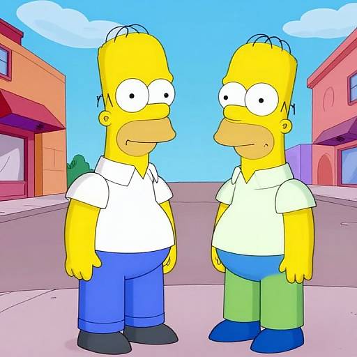 Cartoon drawing of two yellow-skinned, wide-eyed Simpsons characters in white shirts and blue/purple pants standing on a sunny street.