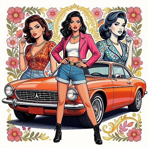 Vintage Cars and Vibrant Women Portrait