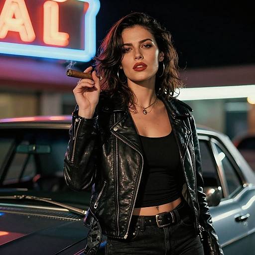 Photograph: Dark-haired woman in black leather jacket and tank top, holding a cigar, standing in front of a neon-lit car at night.