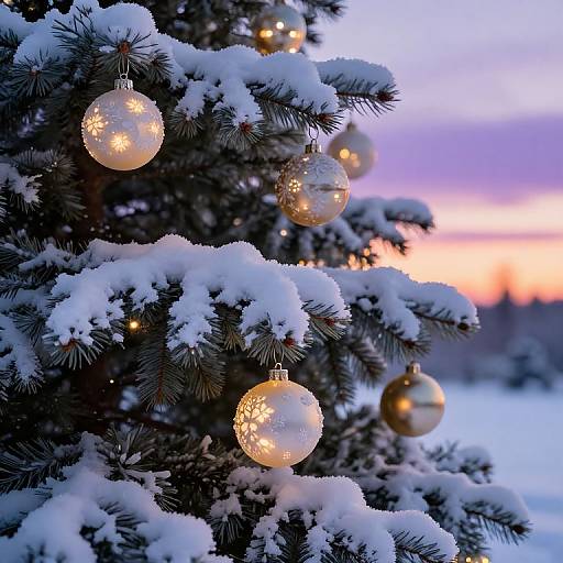 Photograph of a snow-covered Christmas tree with glowing, patterned gold ornaments against a purple and orange twilight sky.