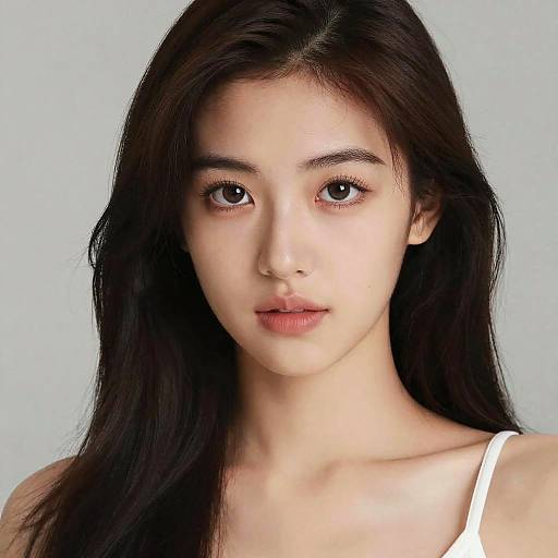 Photograph of an East Asian woman with long, dark brown hair, fair skin, and brown eyes, wearing a white tank top, against a plain