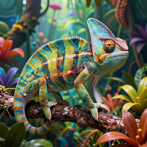 Vibrant, multicolored chameleon perched on a branch in a lush, detailed CGI jungle with vivid flowers and foliage.