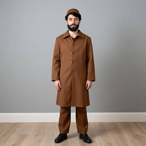 Photograph of a bearded man with dark hair, wearing a brown long coat, matching brown pants, and a brown cap, standing against a plain