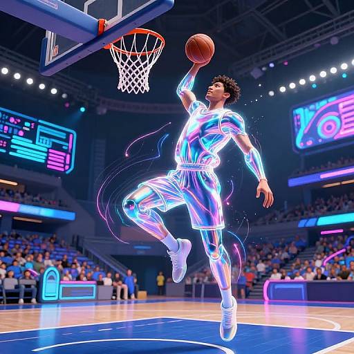 Digital artwork of a glowing, neon basketball player in mid-air, shooting a basketball in a brightly lit, colorful arena.