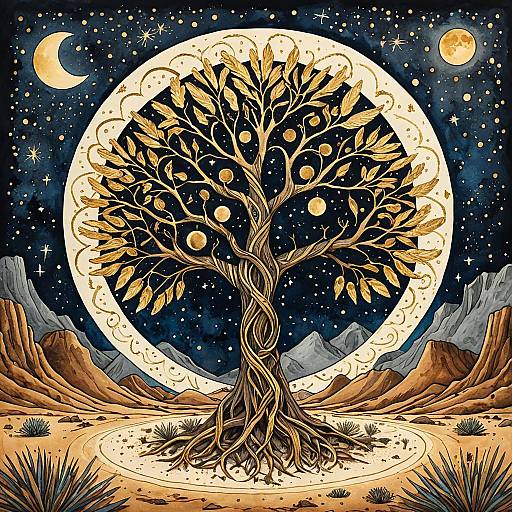 Stylized Tree of Life with Golden Feathers and Moonlit Desert