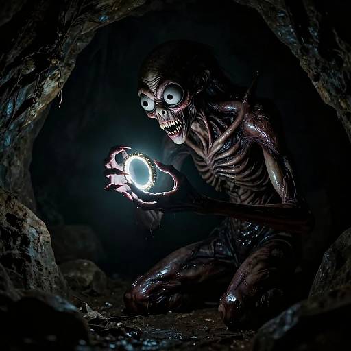 A terrifying, skeletal creature with glowing eyes and dripping wet skin kneels in a dark cave, holding a bright, eerie orb. Digital CGI artwork.