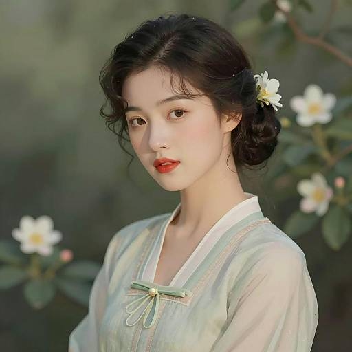 Elegant Woman in Vintage Style with Floral Background