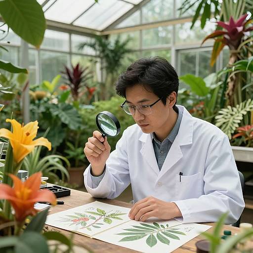 Photograph of an Asian man in a white lab coat, wearing glasses, examining a plant drawing with a magnifying glass in a lush greenhouse.