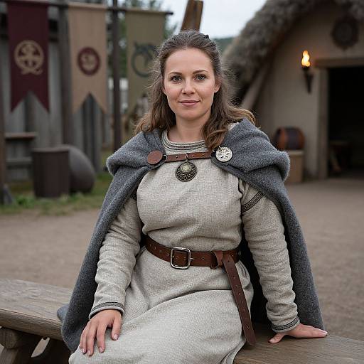 Photograph of a smiling woman with brown hair, wearing a medieval-style grey dress and dark grey cloak, seated on a wooden bench in a rustic village
