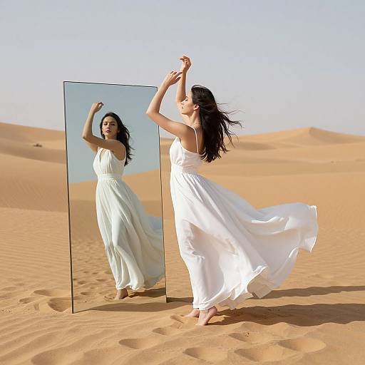 Photograph of a woman in a flowing white dress, standing barefoot in a desert, posing with arms raised, reflecting in a tall mirror against a