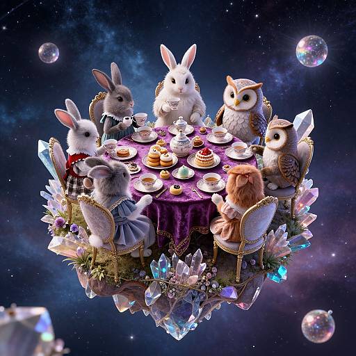 Whimsical digital art of anthropomorphic rabbits and owls having tea on a floating table in a starry, bubble-filled space.