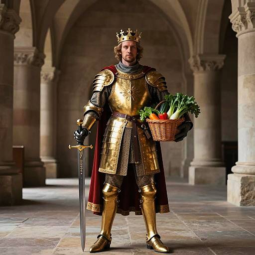Medieval King in Golden Armor Holding Sword and Vegetable Basket