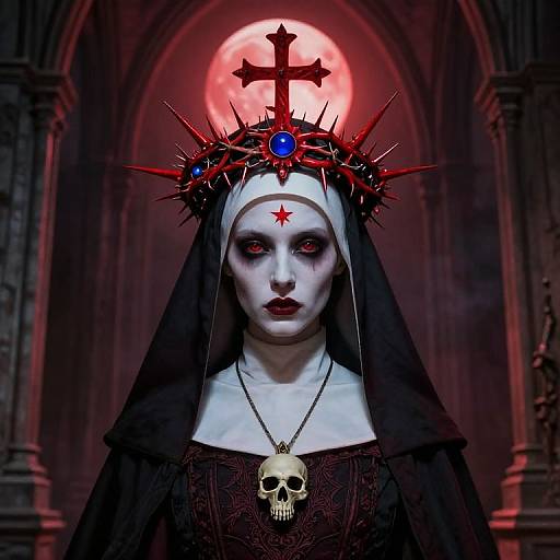 Digital artwork of a pale, red-eyed nun with black habit, spiked crown, red moon, skull necklace, and dark cathedral background.