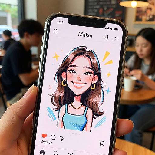 Photograph of a hand holding a smartphone displaying a digital cartoon of a smiling woman with brown hair, gold earrings, and blue top, in a blurred