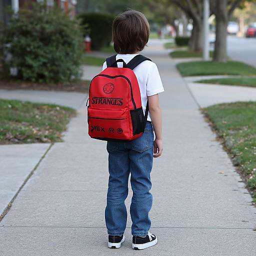 Photograph of a young boy with brown hair, wearing a white t-shirt, blue jeans, black shoes, and a red 