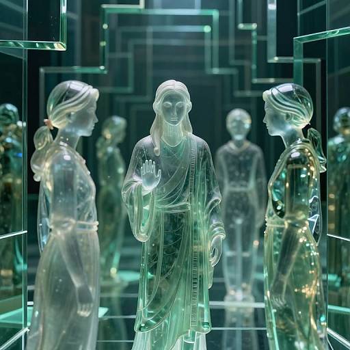 Photograph of glowing, translucent glass sculptures of ancient figures in flowing robes, illuminated from within, displayed in a futuristic, geometric, neon-lit case