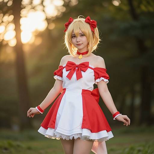 Photograph of a young woman with blonde hair and red ribbons, wearing a red and white off-shoulder anime-style dress, standing in a
