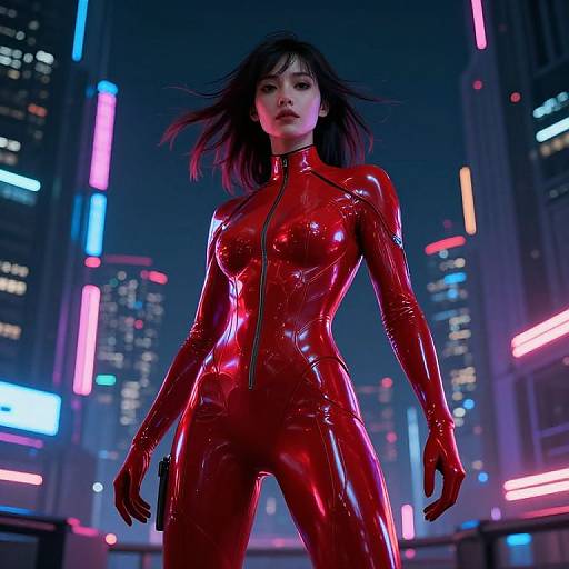 Neon Redsuit in Futuristic Cityscape