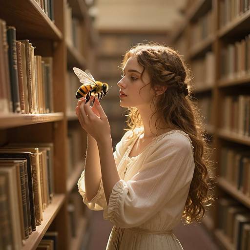 Photograph of a young woman with long, wavy brown hair, wearing a white blouse, gently holding a bee in a sunlit library aisle,