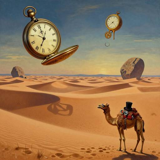 Photograph-like digital art of a desert with dune shadows, floating antique pocket watches, and a camel wearing a top hat.