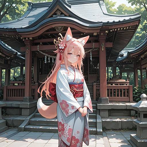 Anime Girl in Kimono at Shrine