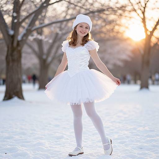 Photograph of a smiling young woman in a white dress and hat, standing in a snowy park at sunset, with blurred trees and people in the background