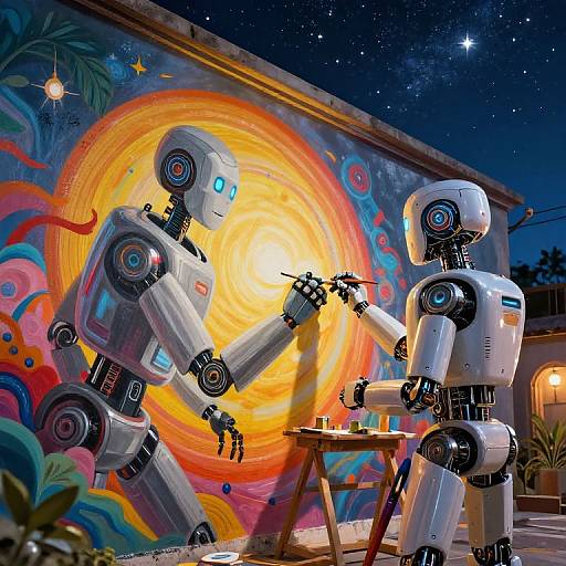 Photograph of two white robotic figures painting a vibrant, starry, circular mural on a night sky backdrop, under a starry sky.