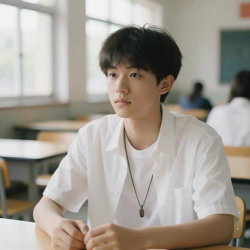 Sunlit Cafeteria Portrait of Asian Teen