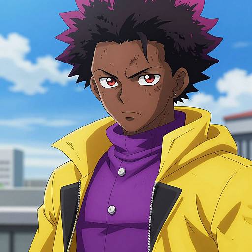 Digital anime-style drawing of a muscular, dark-skinned male with spiky black hair, red eyes, wearing a yellow jacket over a purple turt