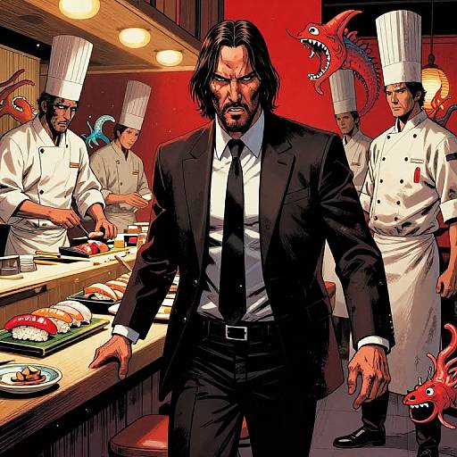 Comic-style drawing: Angry bearded man in black suit, white shirt, black tie, walks through sushi restaurant with chefs in white uniforms and tall hats