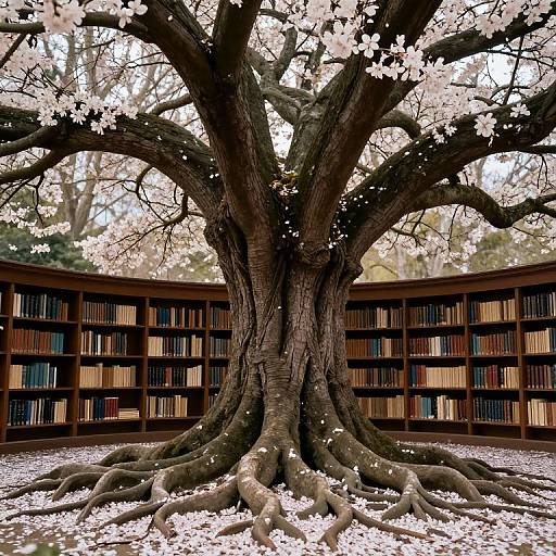 Photograph of a massive, gnarled tree with sprawling roots, surrounded by cherry blossoms, in front of a curved wooden bookshelf filled with