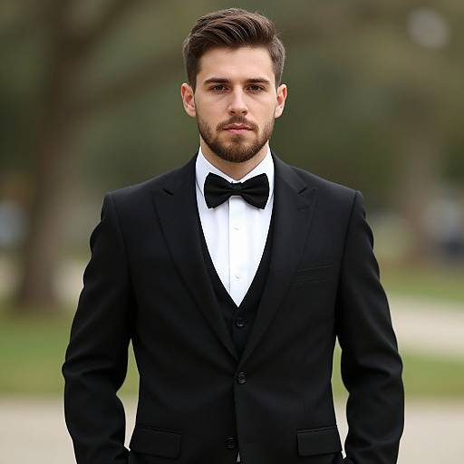 Photograph of a handsome, bearded man with dark hair, wearing a black suit, white shirt, and black bow tie, standing outdoors with a
