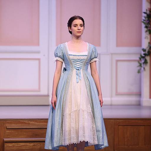 Photograph of a fair-skinned woman with dark hair in a blue and white Victorian-style dress, standing on a stage with wooden paneling and white