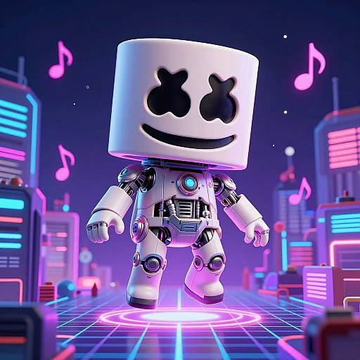 CGI image of a white, boxy, robotic figure with black X eyes and smile, set in a neon-lit, futuristic cityscape with