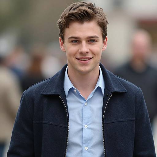 Photograph of a young, smiling white man with brown hair, wearing a black jacket over a light blue shirt, standing outdoors with blurred background of people
