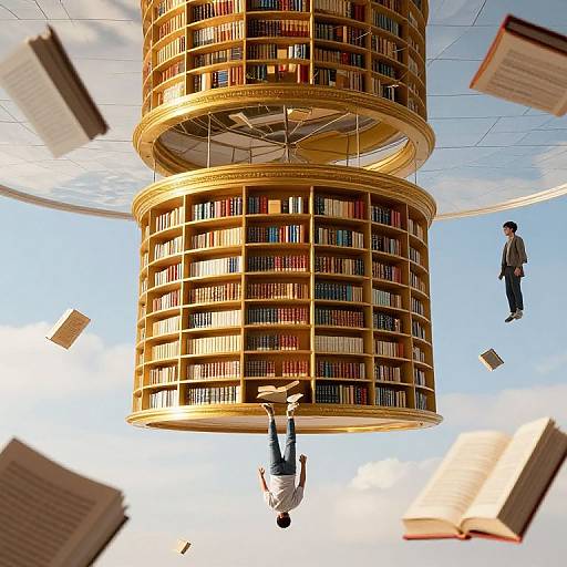 Photograph of two men in mid-air, one upside-down, climbing a towering cylindrical wooden bookshelf with floating books against a clear sky.