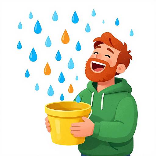 Joyful Cartoon Man Catching Rain